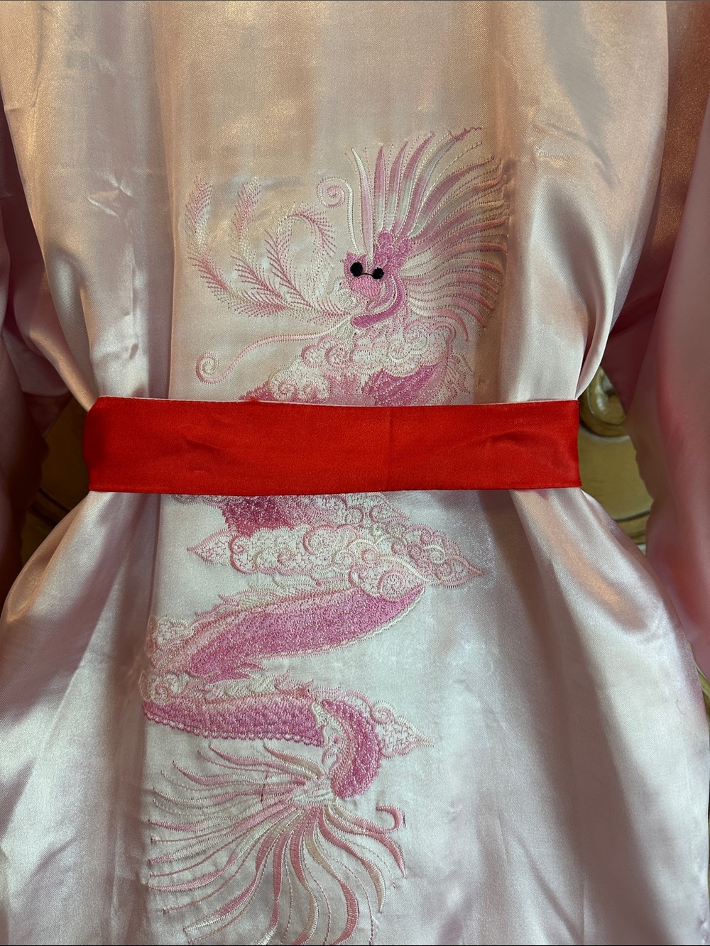 Satin Reversible Pink Kimono Robe with Red Trim and embroidered designs - Picture 9 of 13